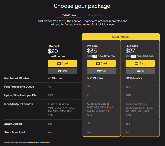 LALAL. AI pricing plan