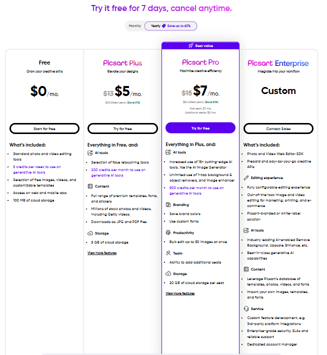 Picsart pricing plan