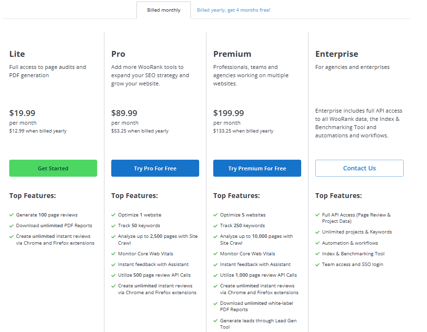 Woorank pricing plan